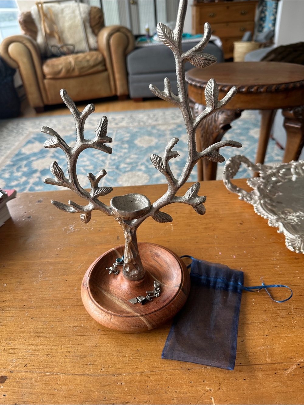 Silver Leaf Tree Jewelry Holder with Wooden Base